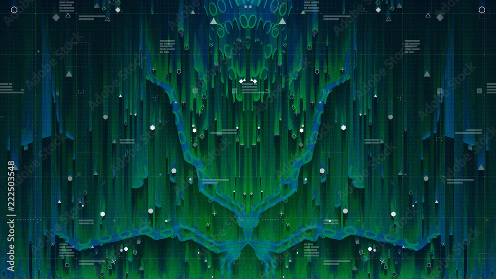 Poster hud interface. head up display. mirrored pattern. green, red background with digital integrated netw
