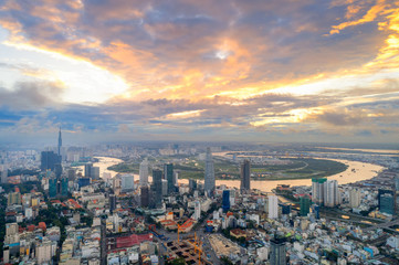 Aerial view of Ho Chi Minh modern office buildings, condominium n Ho Chi minh city downtown with sunset scenery, Ho Chi Minh is the most populated city in Southeast Asia.Ho chi minh,Vietnam.