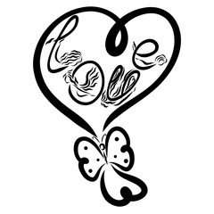 Balloon in the shape of heart with a butterfly, the word LOVE, created by flexible girls