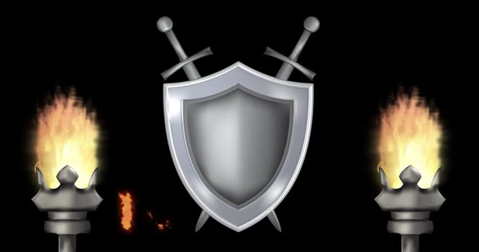 Animation with burning torches, shield and swords with appearing inscription You Win. Alpha channel included