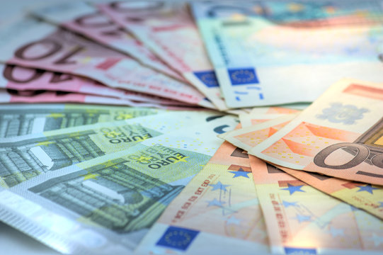 Close-up of all Euro banknotes in circulation in the EU