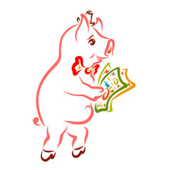Pig gentleman in a hat and tie, with money in the paw