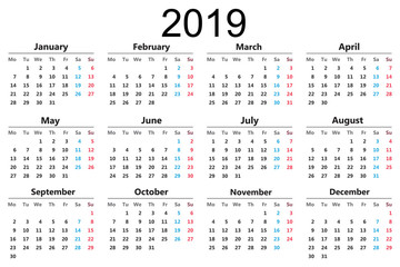 Calendar 2019. Vector illustration.