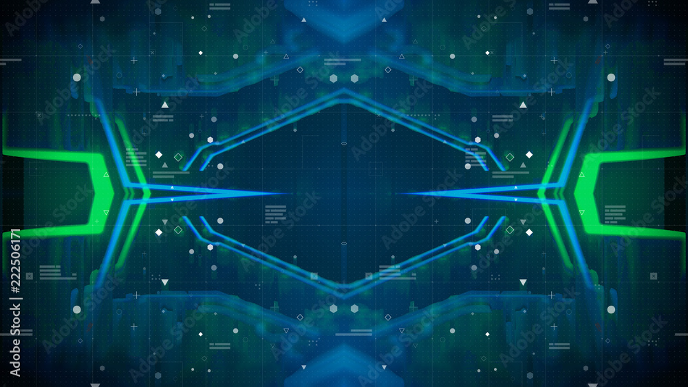 Poster hud interface. head up display. mirrored pattern. green, red background with digital integrated netw