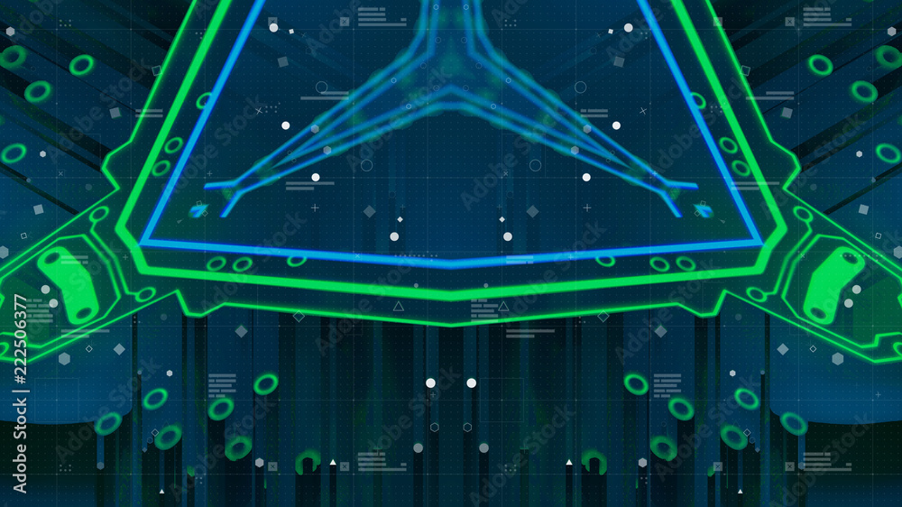 Poster hud interface. head up display. mirrored pattern. green, red background with digital integrated netw