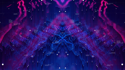 Glitched Holographic Digital Technology Background. Distorted glitch style modern Design. Abstract Pixel Noise. Psychodelic Symmetry Tron Neon. Blue and Purple, Magenta, Violet.