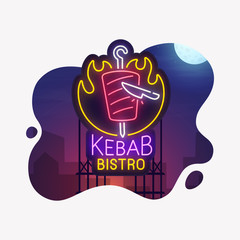 Sticker cut isolated. Night city. Sign neon. Kebab Bistro. Bright billboard. Cafe banner, logo, emblem and label. Bright signboard, light banner.  Vector illustration.
