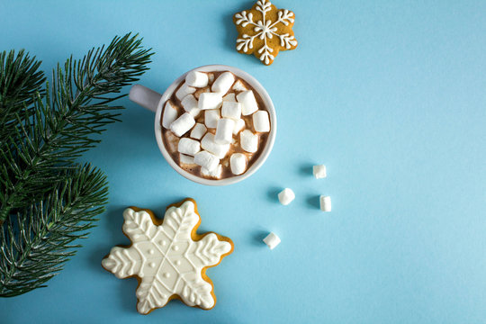 Hot chocolate with marshmallows in the white cup and Christmas composition on the blue  background.Copy space.Top view.