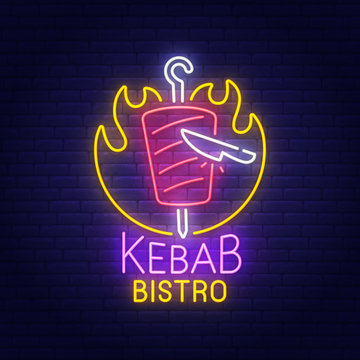 Kebab Bistro neon sign, bright signboard, light banner. Shawarma cafe logo and emblem. Vector illustration