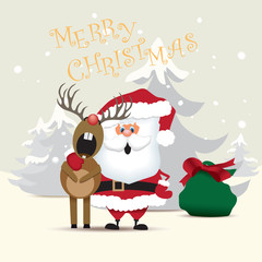 Santa Claus and reindeer singing a Christmas song.Vector illustration.