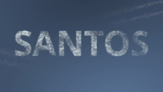 Flying airplanes reveal Santos caption. Traveling to Brazil conceptual intro animation