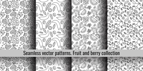 Seamless pattern set. Juicy fruit and berry collection. Banana, grape, cherry, watermelon. Hand drawn color vector sketch background. Colorful doodle wallpaper. Summer print