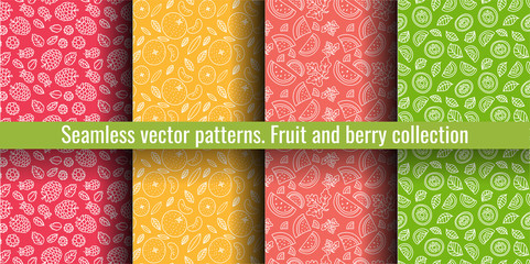 Seamless pattern set. Fruit and berry collection. Kiwi, raspberry, mandarin, tangerine, watermelon. Hand drawn color vector sketch background. Colorful doodle wallpaper. Summer print