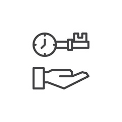 Hand and Clock Key outline icon. linear style sign for mobile concept and web design. Time management simple line vector icon. Symbol, logo illustration. Pixel perfect vector graphics