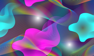 Urban seamless pattern of iridescent chaotic lines and floating ethereal shapes.