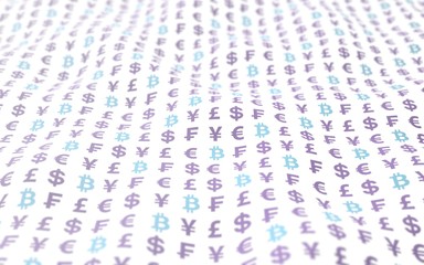 Bitcoin and currency on a white background. Digital Cryptocurrency symbol. Wave effect, currency market fluctuations. Business concept. 3D illustration