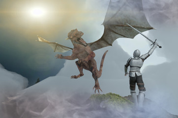 Obraz premium rycerz walczący smok, smok kontra człowiek, renderowanie 3D