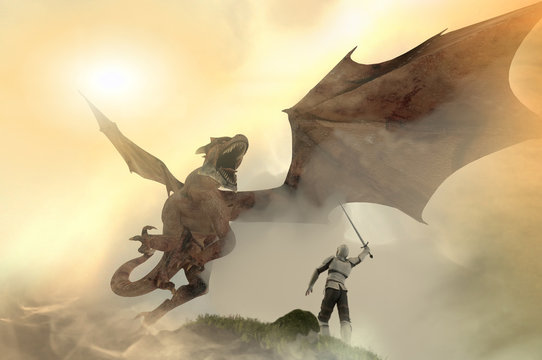 knight fighting dragon, dragon versus man, 3D render