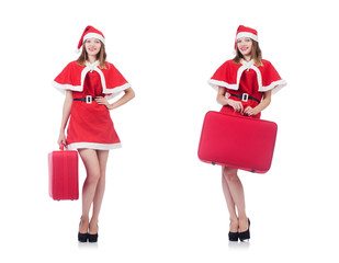 Young woman in red santa costume with suitcase