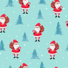 Merry Christmas seamless pattern with watercolor Santa Claus and christmas tree.