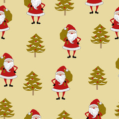 Santa Claus and Christmas tree seamless pattern.