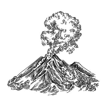 Eruption volcano. Sketch. Engraving style. Vector illustration.