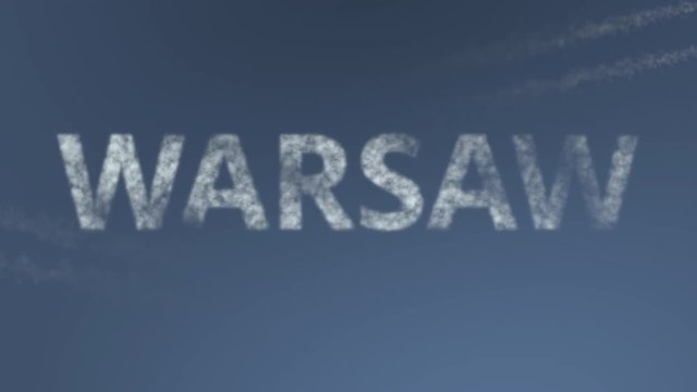 Flying airplanes reveal Warsaw caption. Traveling to Poland conceptual intro animation