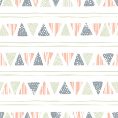 Hand drawn tribal textured triangles and stripes on white background vector seamless pattern. Ethnic geometric drawing