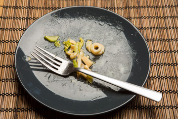 The empty dark plate after food