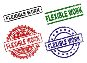 FLEXIBLE WORK seal stamps with corroded texture. Black, green,red,blue vector rubber prints of FLEXIBLE WORK caption with corroded texture. Rubber seals with circle, rectangle, rosette shapes.