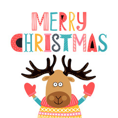Template greeting card or invitation with deer. Merry Christmas