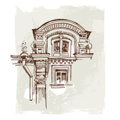 Illustration with the old house. Sketch. Freehand drawing