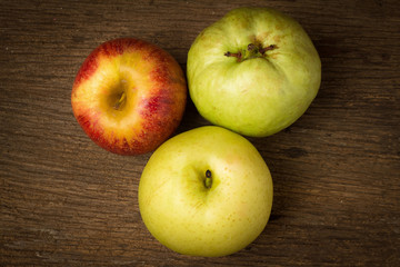fruit traffic light concept. apple red. chinese pear yellow. guava green. on old wood