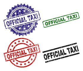 OFFICIAL TAXI seal stamps with corroded surface. Black, green,red,blue vector rubber prints of OFFICIAL TAXI tag with corroded surface. Rubber seals with round, rectangle, medal shapes.