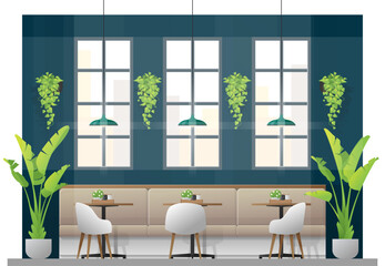 Interior scene of modern restaurant with tables and chairs for customer , vector , illustration