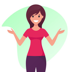 Smiling cheerful young woman with spreading hands.