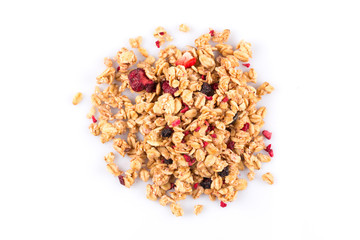 Muesli oat cereals close up background with dry fruits