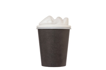Black cardboard cup for take-away coffee. Unusual cover in the form of female lips. Isolate on white background