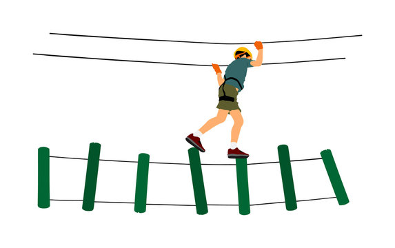 Extreme sportsman took down with rope. Man climbing on ladders vector illustration isolated. Rescue mountain unit. Sport weekend action in adventure park rope ladder. Rope way for fun, team building.
