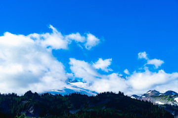 White puffy clouds covering a mountain landscape