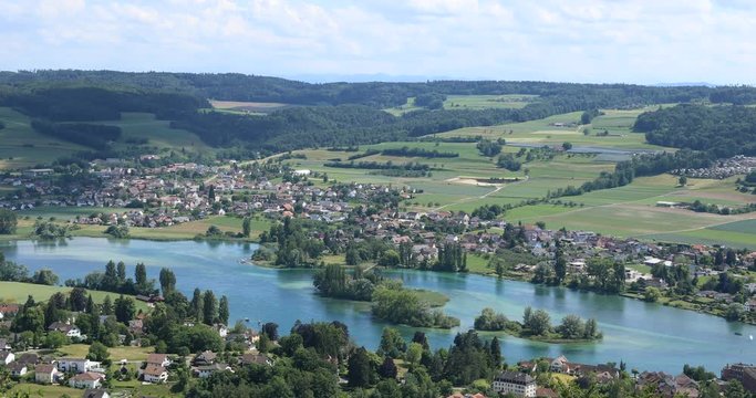 Beautiful panorama shot overlooking the western end of Lake Constance near the German &ndash; Swiss border on a sunny spring day.