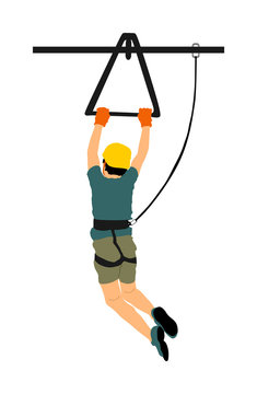 Extreme sportsman took down with rope. Boy climbing vector illustration, isolated on white. Sport weekend zipline action in adventure park rope ladder. Ropeway for fun, team building. Rescue mission.