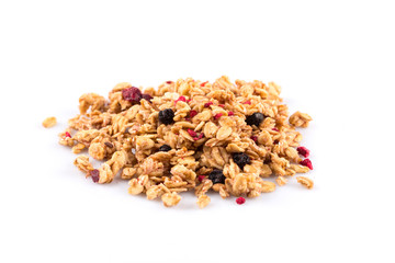 Muesli oat cereals close up background with dry fruits