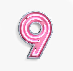 Bright Neon Font with fluorescent pink tubes. Number 9. Night Show Alphabet. 3d Rendering Isolated on White Background.