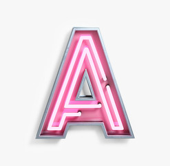 Bright Neon Font with fluorescent pink tubes. Letter A. Night Show Alphabet. 3d Rendering Isolated on White Background.