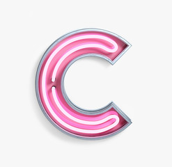 Bright Neon Font with fluorescent pink tubes. Letter C. Night Show Alphabet. 3d Rendering Isolated on White Background.