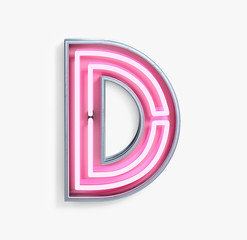 Bright Neon Font with fluorescent pink tubes. Letter D. Night Show Alphabet. 3d Rendering Isolated on White Background.