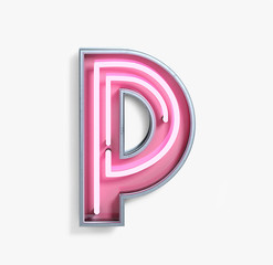 Bright Neon Font with fluorescent pink tubes. Letter P. Night Show Alphabet. 3d Rendering Isolated on White Background. - obrazy, fototapety, plakaty