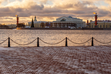View of Vasilievsky Island and St. Isaac's Cathedral in St. Petersburg on a winter evening