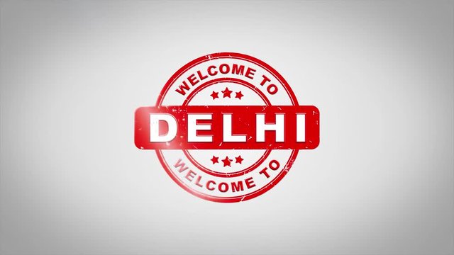 Welcome to DELHI Signed Stamping Text Wooden Stamp Animation. Red Ink on Clean White Paper Surface Background with Green matte Background Included.